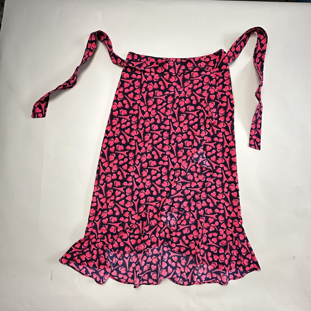 Karl Lagerfeld Paris Skirt Womens 4 Navy Pink Heart Print Ruffle Hem Wrap Style